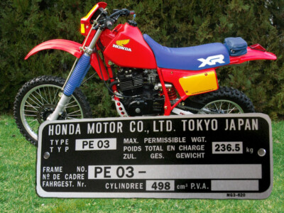 HONDA XR500 PE03 NAMEPLATE / PLAQUES MINE / VIN PLATE WITH NUMBER ENGRAVING