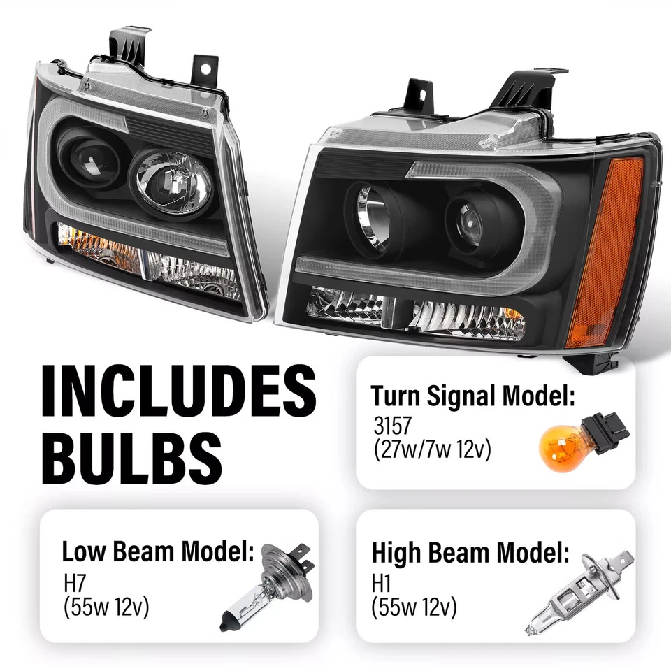 Par de faros DRL de tubo LED negro para Chevy Suburban/Tahoe/Avalanche 2007-2014 Foto 3 de 4