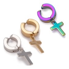 Men's Cross Dangle Earrings Stainless Steel Hinged Piercing Huggie Hoop Z342