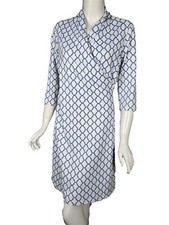 J McLAUGHLIN White Blue Print Stretch Nylon Jersey Surplice Faux Wrap Dress sz M