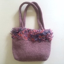 HAND KNIT HAND FELTED WOOL " FUR " TRIMMED LILAC PURPLE DESIGNER TOTE BAG PURSE