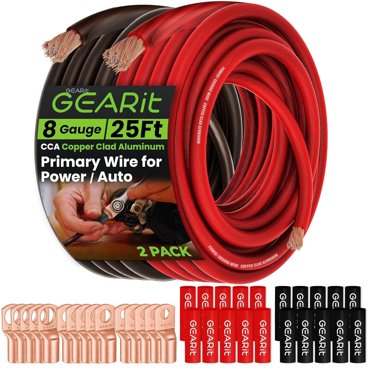 8 Gauge Wire, 15 Lugs, 20 Heat Shrink Wrap, for Automotive, Battery Cable, Amp