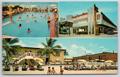 1968 Sandy Shores Motel Miami Beach Florida Swimming Pool & White Sands Postcard