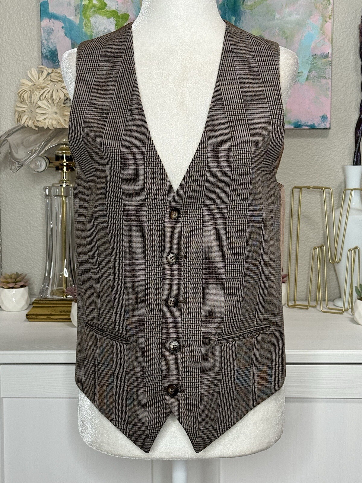 Yves Saint Laurent Tuta Gilet Plaid Tweed Lana Marrone 36” Petto Unisex Autunno Trend