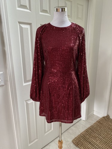 NWT Missguided Wine Ballon Sleeve Shift Sequin Dress 8