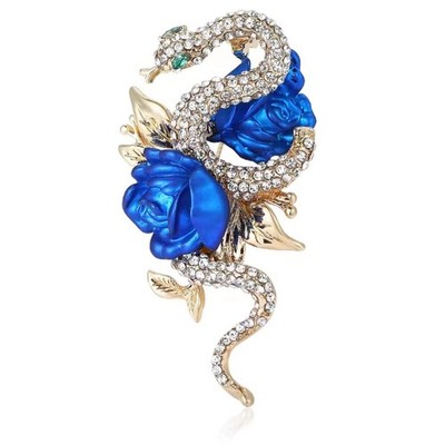 Vintage Style Snake Blue Rose Brooch Rhinestone Enamel Serpent Pin Jewelry Gift