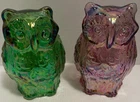Fenton Iridescent Pink Green Carnival Glass Owls Signed Levay 1970s Excellent