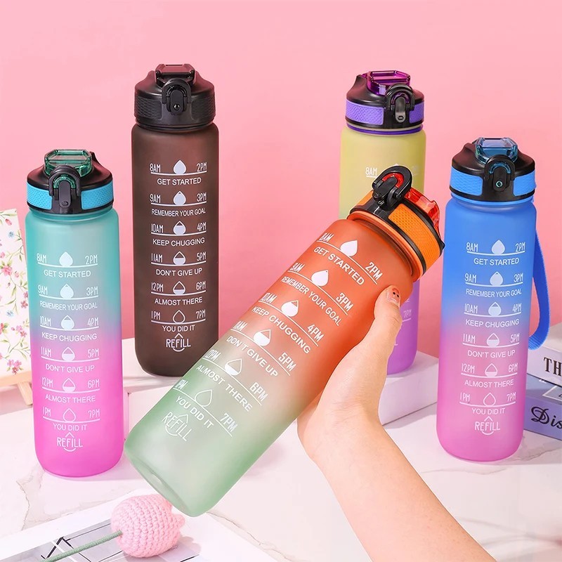 Botella de agua deportiva 1L a prueba de fugas sin BPA para gimnasio viaje botella de bebida con pajita