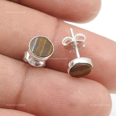 Round Tiger's Eye Stone Wife Stud Post Sacral Chakra New Earrings Solid Silver