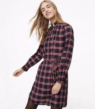 Loft Tie Neck Plaid Smocked Shirt Dress Belted Mini Women S Forever Navy Red