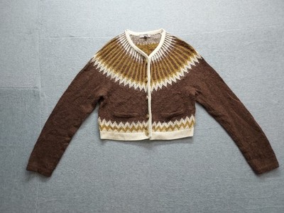 J Crew Women Sweater S Brown Fair Isle Wool B Long Sleeve Pocket Crop Cardigan