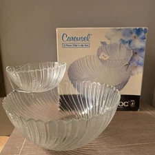VTG Vintage Arcoroc Carousel 3 Piece Chip And Dip Set 80s Party Tempered Glass