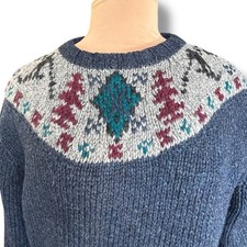 Vintage 90s Polo Ralph Lauren Wool Hand Knit Nordic Ski Sweater Blue Small