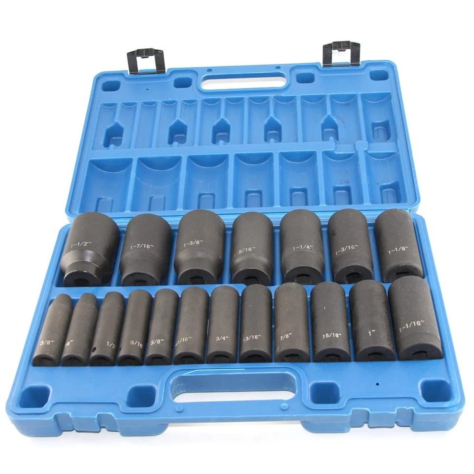 19pcs 1/2" Impact Socket Set, 6-Point Deep Socket, Cr-V Steel, 3/8 inch - 1-1... - Image 2 of 4