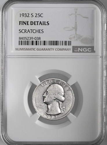 1932-S  25C WASHINGTON SILVER QUARTER  NGC FINE DETAILS "SCRATCHES" #8405239-038