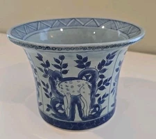 Antique Blue Oriental Bowl Planter Deer Fawn