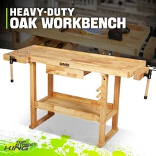 Solid Oak Wood Workbench Work Desk w/ Drawer + Open Space + 2 Adjustable Handles