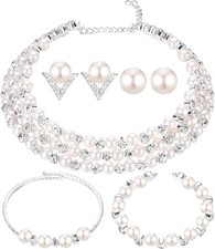 Pearl Rhinestone Jewelry Set for Women Pearl Necklace Bracelet Earrings