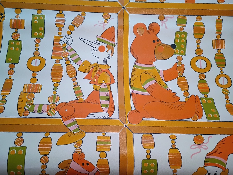 Rollo de papel tapiz retro años 70 Sunworthy - naranja marrón oso de peluche payaso MCM RARO Foto 2 de 4