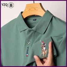 New Men's Business Casual Short Sleeved Shirt with Badge Solid Color Polo Shirt