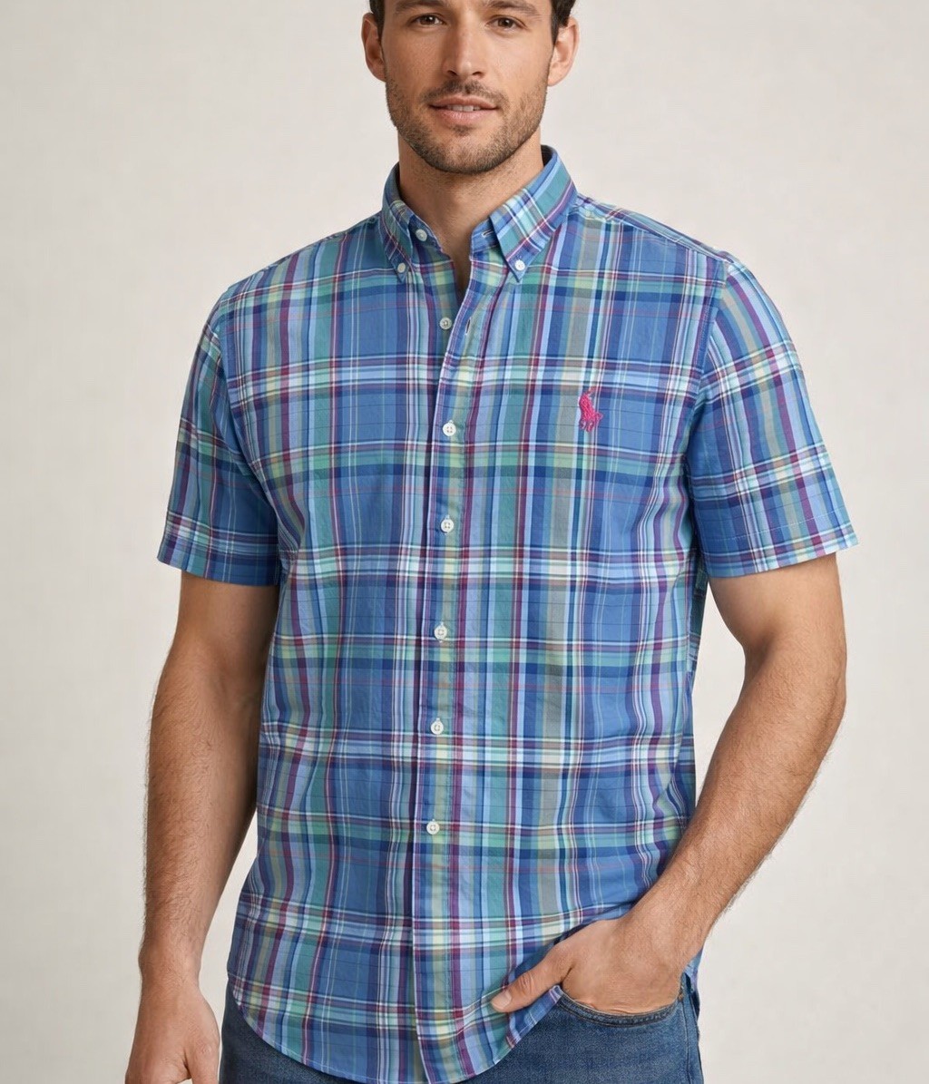 Vintage 90s Ralph Lauren Mens M Short Sleeve Polo Button Up Plaid Logo Y2K Retro