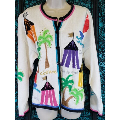 VTG DESIGN OPTIONS GORDON WOMENS CARDIGAN SWEATER XL FRANCE SUMMER BEACH