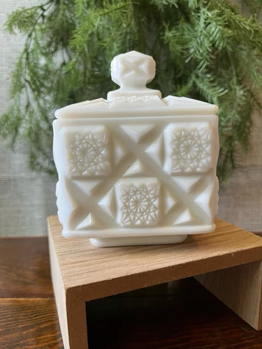 Vintage Westmoreland White Milk Glass “Old Quilt” Square Shaped Covered Box