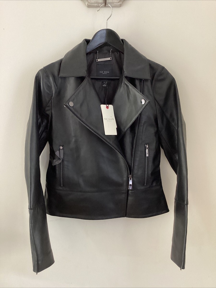 BNWT Ladies Ted Baker Black 100% Leather Minimal Biker Jacket