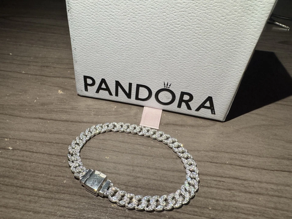 Nuevas pulseras de cadena cubana pavé atemporal 100 % Pandora 593008C01 tamaño 6,7 pulgadas Foto 2 de 4