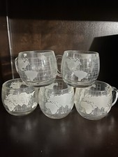 Lot of 5 1970&rsquo;s Nescafe Nestle WORLD MUGS Globe Cups Etched Glass