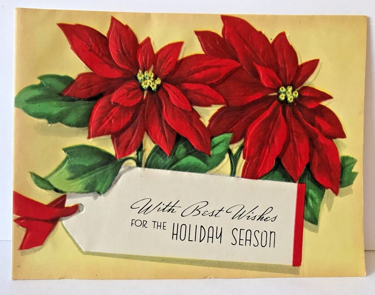 Unused Vintage 1940s / 1950s Christmas Card, Poinsettia Greetings