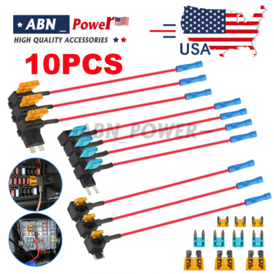 10pc 12V Car Add-a-Circuit Fuse Adapter w/ Standard & Mini Tap Blade Fuse Holder