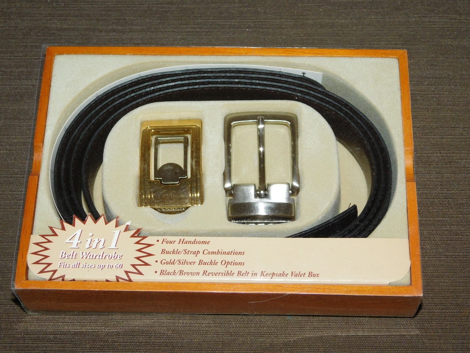BIG & TALL MENS GIFT BLACK/BROWN BELT W/ GOLD/SILVER BUCKLE in OAK VALET BOX NEW