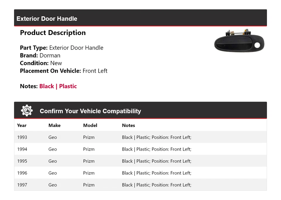 For 1993-1997 Geo Prizm Dorman Exterior Door Handle Front Left 1994 1995 1996 - Image 2 of 4