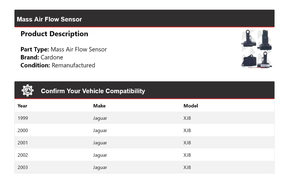 Sensor de flujo de aire de masa Cardone 2000 2001 2002 para Jaguar XJ8 1999-2003 Foto 2 de 4