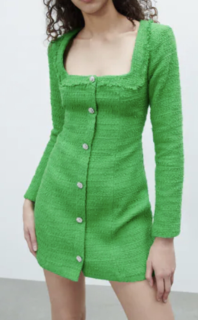 ZARA Green Textured Tweed Dress with Crystal Buttons Medium Holiday 4661/325