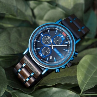 Männeruhr Herren Holz Edelstahl Armbanduhr Holzuhr Chronograph Bobo Bird Holzbox