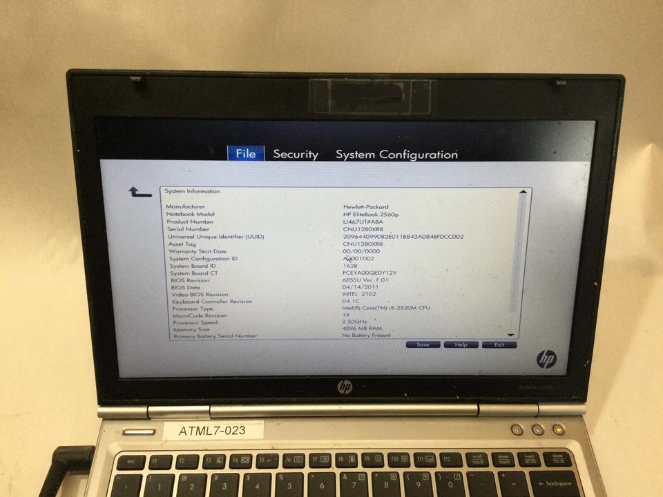 HP ELITEBOOK 2560P - BOOTS TO BIOS - INTEL I5 2520M - NO RAM-READ DESCRIPTION-BB - Image 3 of 4