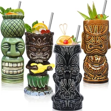 Tiki-Glasses for Cocktails Tiki-Mugs Set of 4 Ceramic Tiki-Party Cups Bar Decor