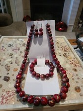 4 Pc Hand Painted Wooden Bead 12" Necklace,Bracelet  Earring Set Gold,Black,Red
