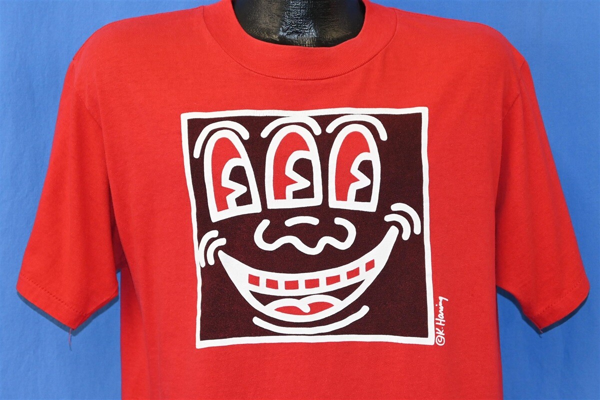 vintage 80s KEITH HARING THREE EYED SMILING FACE ORIGINAL RED t 