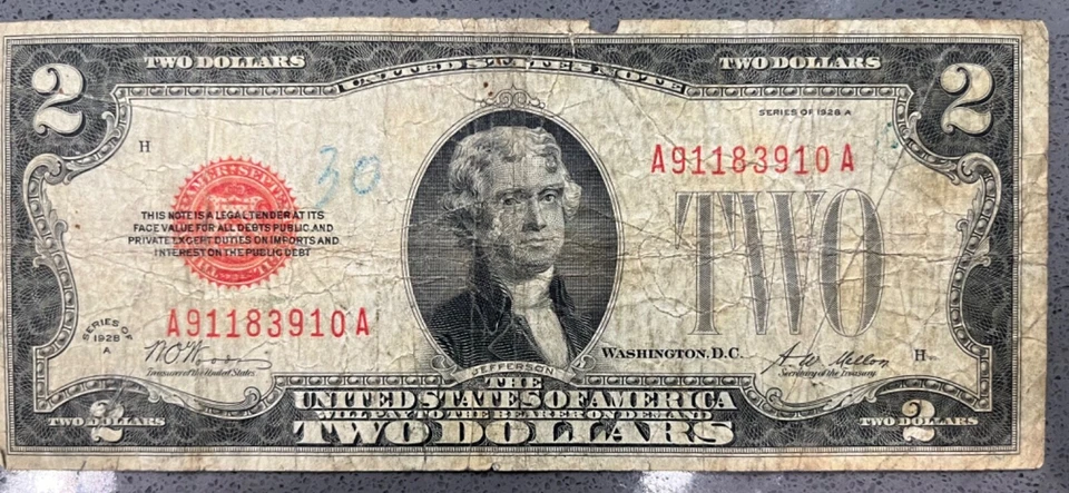 Billete de 2 dólares pagará al portador de la demanda serie 1928 A Washington DC rojo Foto 2 de 4