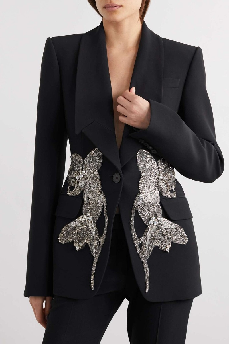 Alexander McQueen Women's Black Embellished Crepe Blazer Jacket