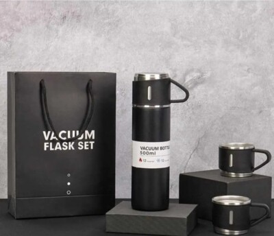 Isolierflasche Edelstahl Schwarz Reise Thermoflasche mit 3 Tassen