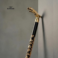 Handcarved Wooden Walking Cane with Brass Jaguar Handle Comfortable Grip For Gif