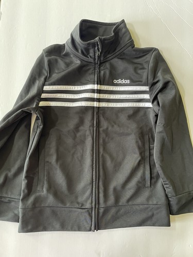 Adidas Jacket Boys 5 Black White Three Stripe Full Zip Track Athletic