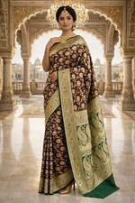 Royal Wine Banarasi Silk Saree Gold Zari Weaving, Traditional Indian Wedding W