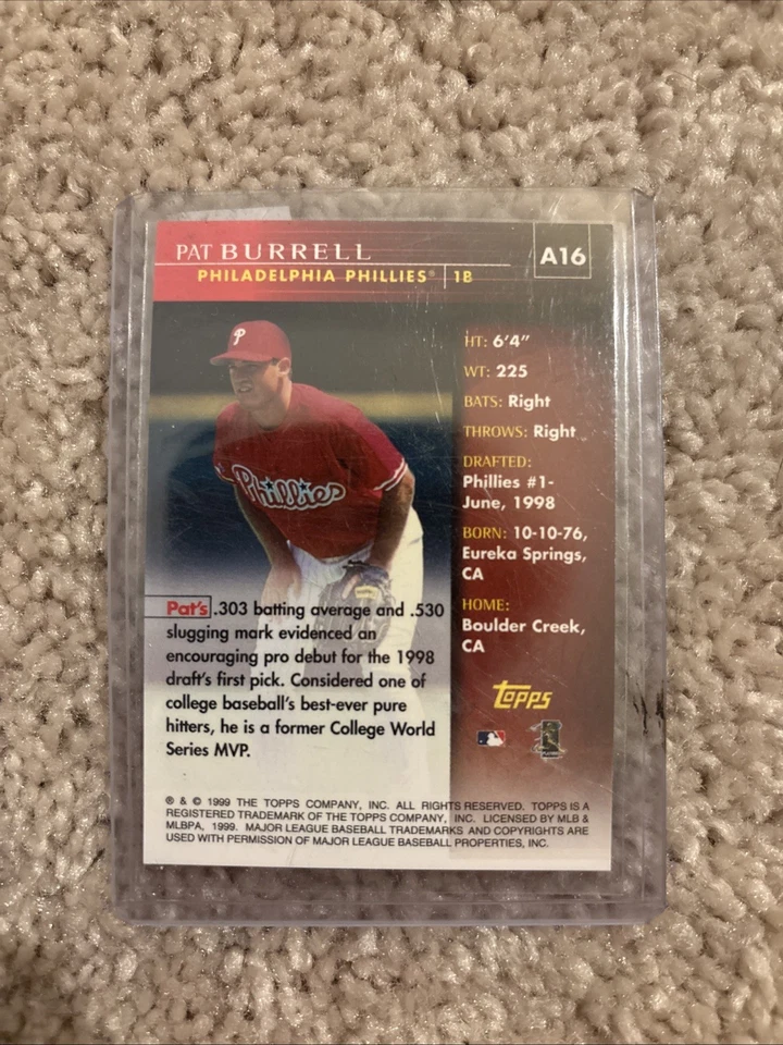 Topps 1999 - Autógrafos Pat Burrell #A16 (AU, RC) Foto 2 de 2