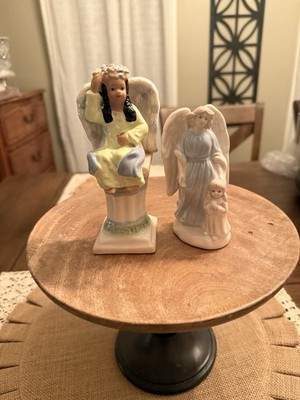 Vintage Guardian Angel  With Child Girl Ceramic And  Sitting Angel (set 2)
