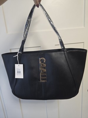 Cavalli Class Sandra Shopper Tote Shoulder Bag Black Onyx Gold Logo Hardware